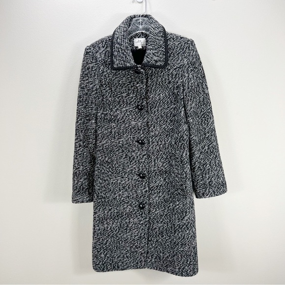 Milly Black White Tweed Wool Long Black Button Coat Size 8 - Picture 1 of 8